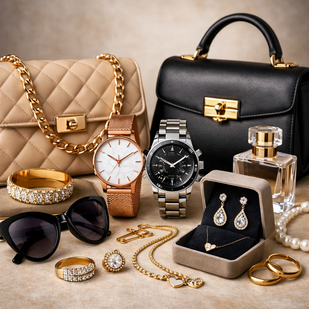 accessories collection cover image with handbags jewelry watches and sunglasses