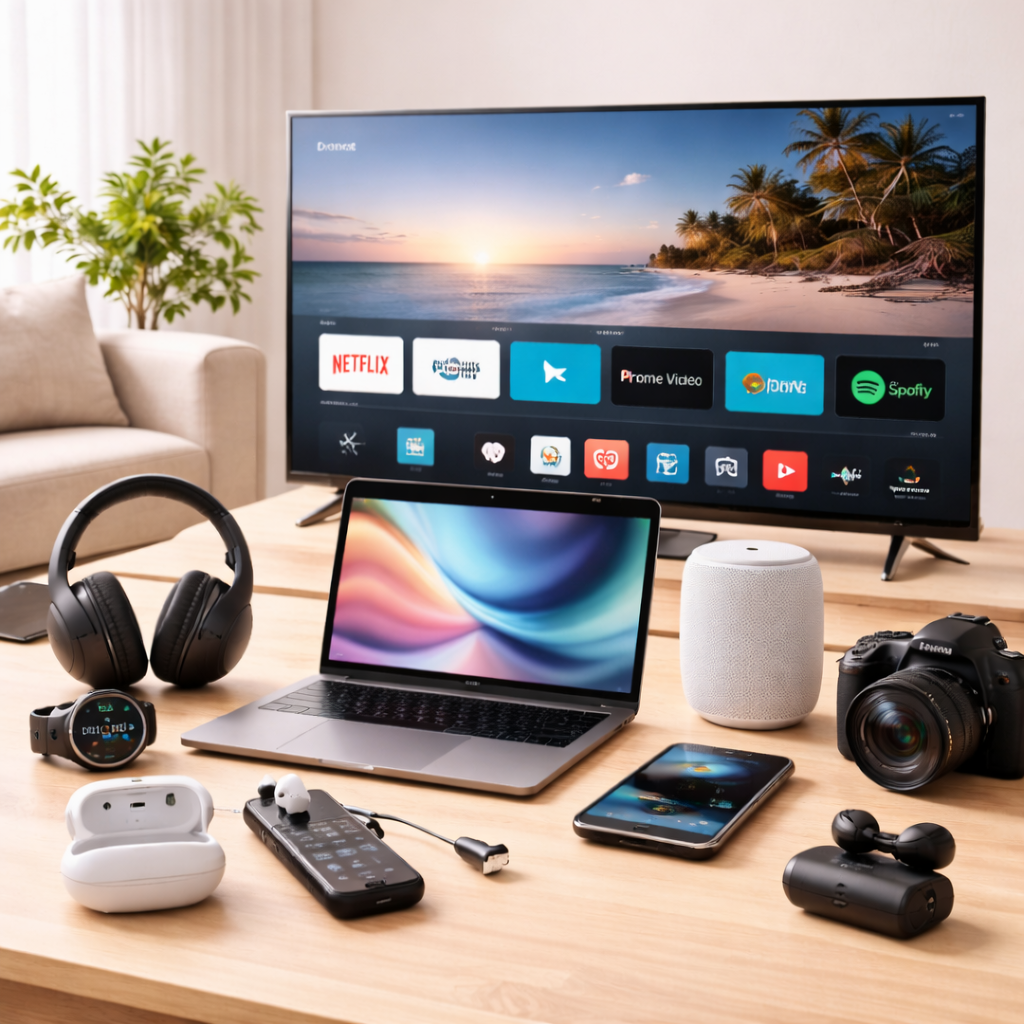 electronics collection with smartphones laptops headphones and smart devices