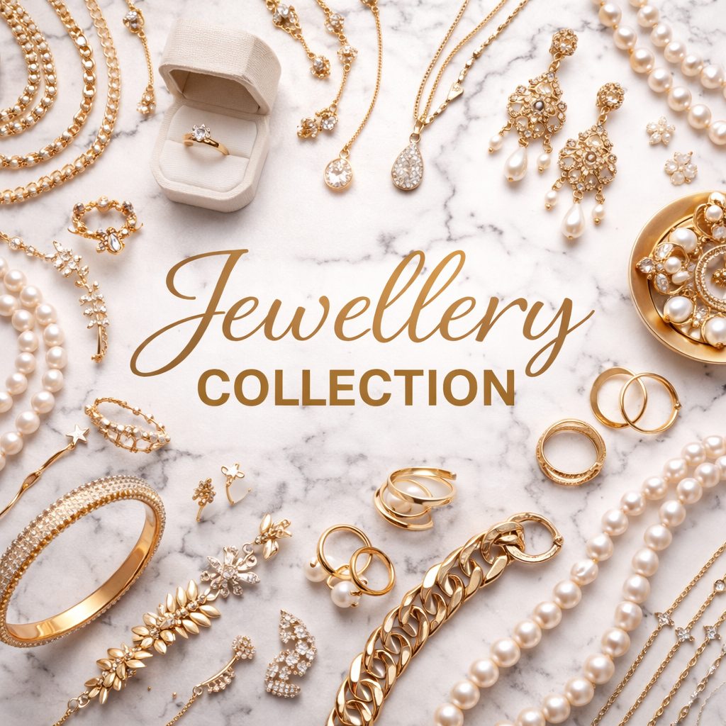 jewellery collection cover image with gold necklaces rings earrings and pearls