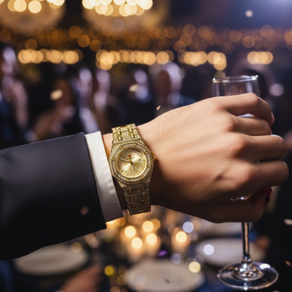 Luxury Gold Diamond-Studded Wrist Watch – Premium Designer Style Quartz Watch for Men & Women