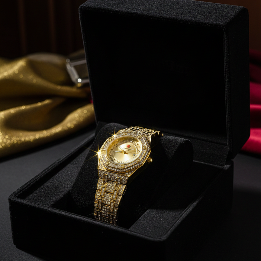 Luxury Gold Diamond-Studded Wrist Watch – Premium Designer Style Quartz Watch for Men & Women